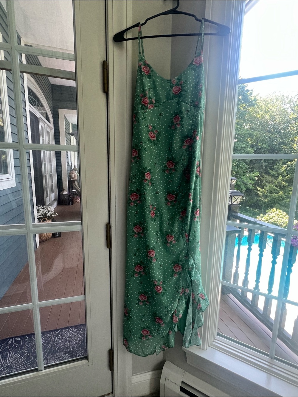 Green Floral Dress with Pink Roses